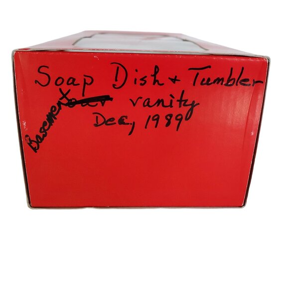 Vintage Christmas Vanity Bathroom Set Soap Dish Tumbler Glass Porcelain Japan - Picture 12 of 12